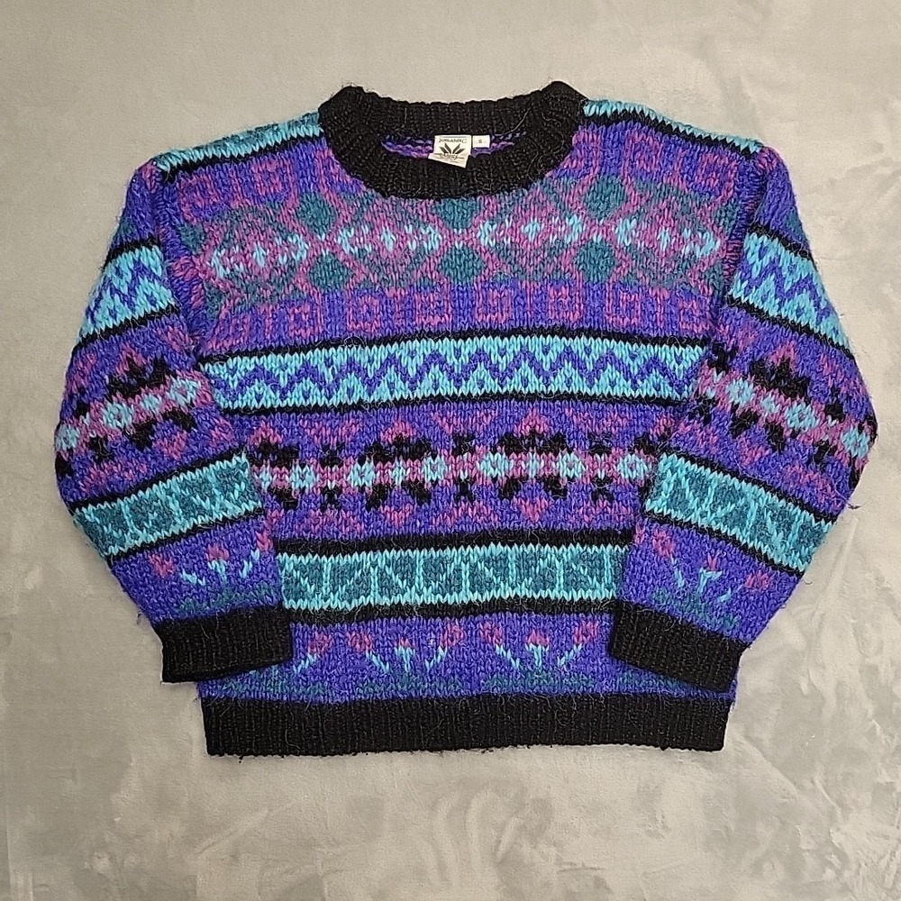 VTG Icelandic Sweater Womens Small Purple Blue Lopi Wool Nordic Fair Isle Chunky